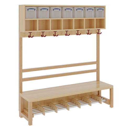 Komplettgarderobe mit doppelter Ablagereihe inklusive Boxen B/H/T: 140x158x39 cm, 7 Plätze, Sitzhöhe 26 cm, offene Stütze in Buche-massiv, Alurohr-Schuhrost mit Trennungen