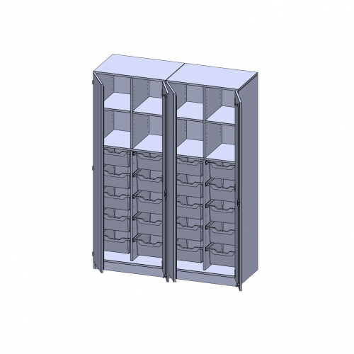 ErgoTray Schrank, zweiteilig, vierreihig, 5 Ordnerhöhen - evo180 Serie B/H/T: 140,6x190x50 cm, viertürig, zweiteilig, mit Sockel (81 mm), mit 2 Mittelwänden, mit 20 hohen ErgoTray Boxen