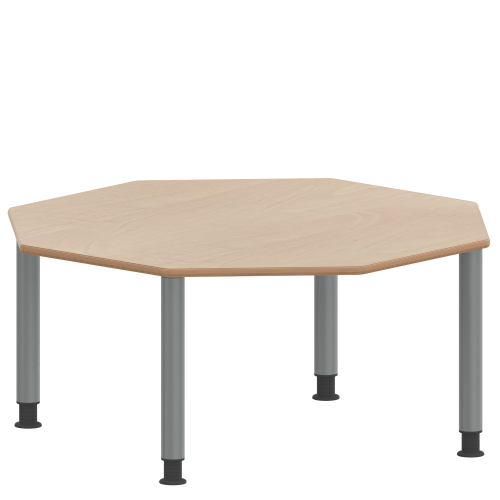 Tisch ZALOTTI mit Schichtstoff-Belag Achtecktisch, B/H/T: 120x41x120 cm, Stahlrohrbeine Ø 60 mm, Fußvariante: höhenverstellbar (41/55 cm), Tischbeine mit RAL-Farbe 9006 (weißaluminium)
