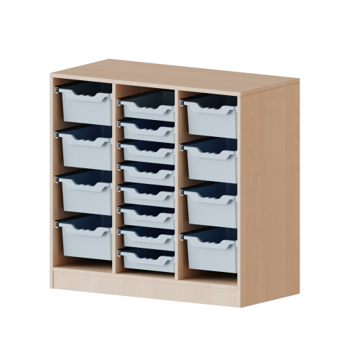 ErgoTray Regal, dreireihig, 2,5 Ordnerhöhen - evo180 Serie B/H/T: 104,5x100x50 cm, fahrbar, rechts und links je 4 hohe, in der Mitte 8 flache ErgoTray Boxen