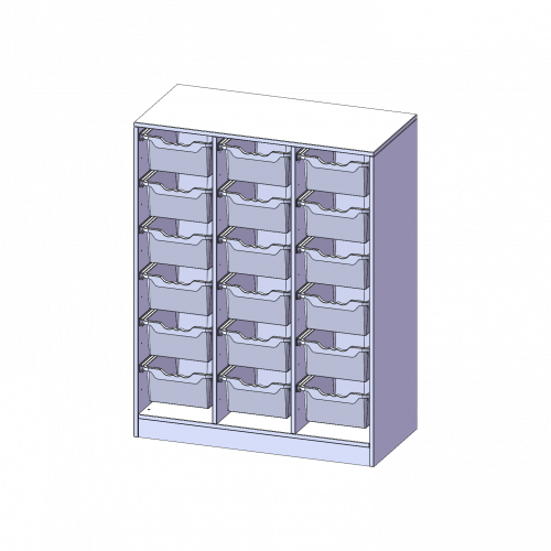 ErgoTray Regal, dreireihig, 3,5 Ordnerhöhen - evo180 Serie B/H/T: 104,5x136x50 cm, mit Sockel (81 mm), 16 hohe ErgoTray Boxen