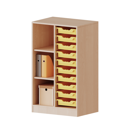 ErgoTray Regal, zweireihig, 3 Ordnerhöhen - evo180 Serie B/H/T: 70,3x118x40 cm, mit Möbelstellfüßen, links 3 Fächer, rechts 10 flache ErgoTray Boxen