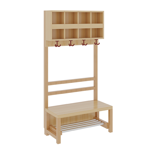 Komplettgarderobe mit doppelter Ablagereihe B/H/T: 80x158x39 cm, 4 Plätze, Sitzhöhe: 26 cm, offene Stütze in Buche-massiv, mit Schuhrost aus Aluminiumrohren