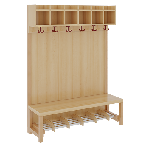 Komplettgarderobe mit einfacher Ablagereihe B/H/T: 120x130x39 cm, 6 Plätze, Sitzhöhe 26 cm, Stütze mit Paneelrückwand in Buche-hell, Alurohr-Schuhrost mit Trennungen