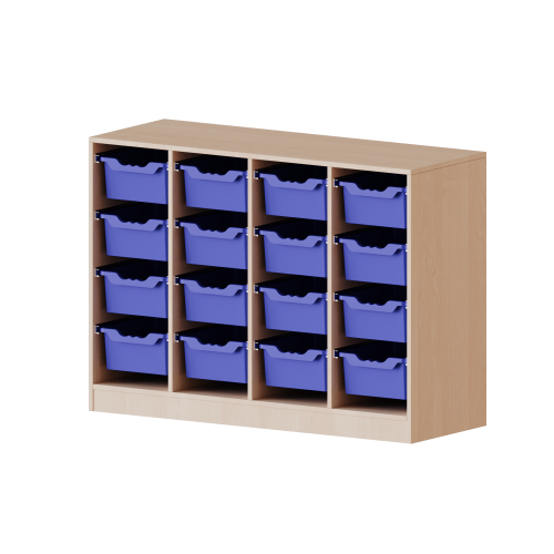 ErgoTray Regal, vierreihig, 2,5 Ordnerhöhen - evo180 Serie B/H/T: 138,7x100x40 cm, mit Sockel (81 mm), 16 hohe ErgoTray Boxen