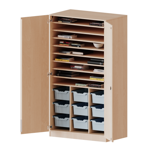 Bastelschrank, 5 Ordnerhöhen - Serie evo180 B/H/T: 104,5x190x60 cm, 2-türiger Schrank mit 9 hohen ErgoTray Boxen, mit Sockel (81 mm)