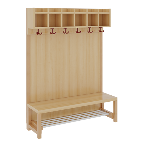 Komplettgarderobe mit einfacher Ablagereihe B/H/T: 120x130x39 cm, 6 Plätze, Sitzhöhe: 26 cm, Stütze mit Paneelrückwand in Buche-hell, mit Schuhrost aus Aluminiumrohren