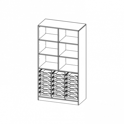 ErgoTray Regal, dreireihig, 5 Ordnerhöhen - evo180 Serie B/H/T: 104,5x190x50 cm, mit Sockel (81 mm), unten 18 flache ErgoTray Boxen, oben 4 Einlegeböden