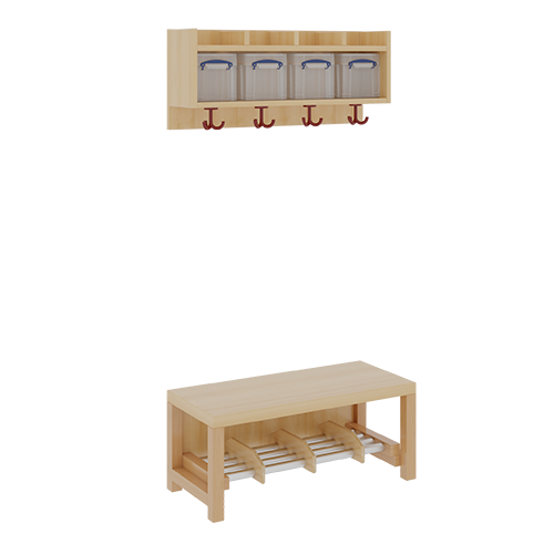 Komplettgarderobe mit einfacher Ablage inklusive Boxen B/T: 80x35 cm, 4 Plätze, Sitzhöhe 26 cm, 2teilig ohne Stütze, Ablage zur Wandmontage, Alurohr-Schuhrost mit Trennungen