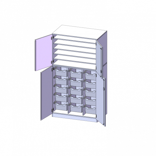 Bastelschrank, 5 Ordnerhöhen - Serie evo180 B/H/T: 104,5x190x60 cm, 4-türiger Schrank mit 15 hohen ErgoTray Boxen, zweiteilig, mit Sockel (81 mm)