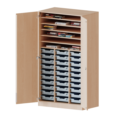 Bastelschrank, 5 Ordnerhöhen - Serie evo180 B/H/T: 104,5x190x65 cm, 2-türiger Schrank mit 30 flachen ErgoTray Boxen, mit Sockel (81 mm)