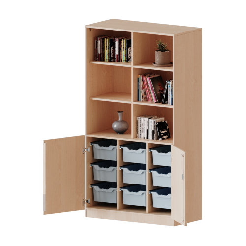 ErgoTray Kombi-Schrank, dreireihig, 5 Ordnerhöhen - evo180 Serie B/H/T: 104,5x190x50 cm, unten 2 OH Türen und 9 hohe ErgoTray Boxen, oben 3 OH Regal, Sockel, mit Mittelwand