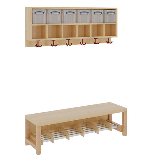 Komplettgarderobe mit doppelter Ablagereihe inklusive Boxen B/T: 120x35 cm, 6 Plätze, Sitzhöhe 42 cm, 2teilig ohne Stütze, Ablage zur Wandmontage, Alurohr-Schuhrost mit Trennungen
