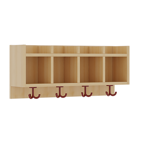 einfache Garderobenablage B/H/T: 80x34,5x20 cm, aus feuerhemmendem Material, 4 Fächer, darunter 3fach-Haken, oben offene Unterteilungen