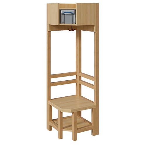 Garderoben-Innenecke, für einfache Ablage inklusive Box B/H/T: 47x158x47 cm, Sitzhöhe: 42 cm, offene Stützenrahmen über Eck in Buche-massiv, Schuhablage
