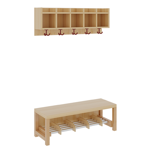 Komplettgarderobe mit einfacher Ablagereihe B/T: 100x35 cm, 5 Plätze, Sitzhöhe 42 cm, 2teilig ohne Stütze, Ablage zur Wandmontage, Alurohr-Schuhrost mit Trennungen