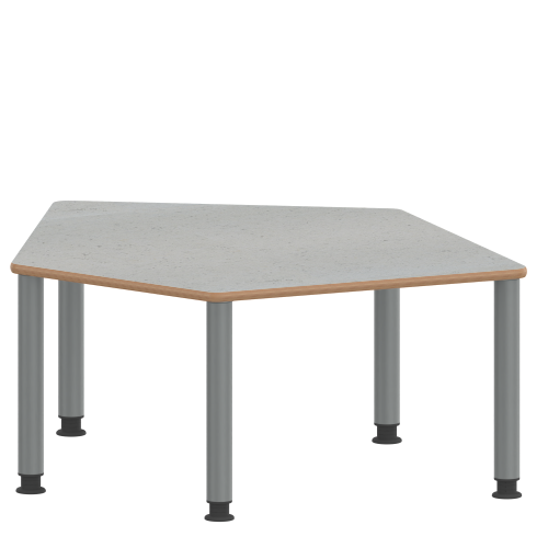 Tisch ZALOTTI mit Linoleum-Belag Fünfecktisch-klein, B/H/T: 121x53x110 cm, Stahlrohrbeine Ø 60 mm, Fußvariante: höhenverstellbar (53/67 cm), Tischbeine mit RAL-Farbe 9006 (weißaluminium)