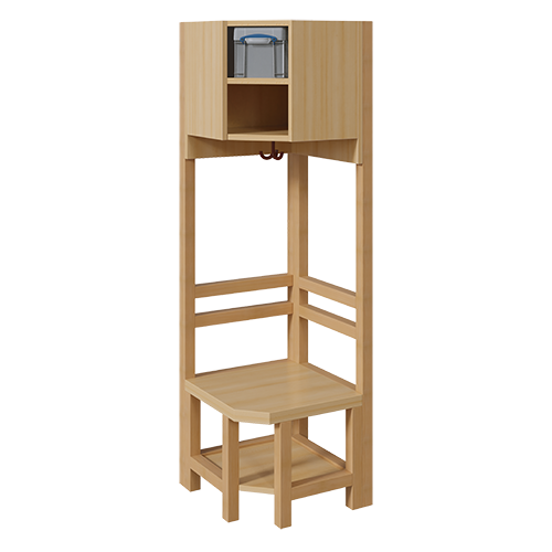 Garderoben-Innenecke, für doppelte Ablage inklusive Box B/H/T: 47x158x47 cm, Sitzhöhe: 34 cm, offene Stützenrahmen über Eck in Buche-massiv, Schuhablage