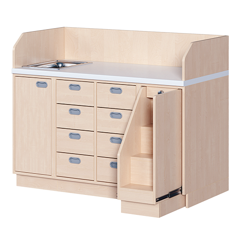Wickelkommode, dreireihig zuzüglich Waschbecken B/H/T: 143x113x71,5 cm, Ausziehbarer Aufstieg rechts, 8 Schübe und Waschbecken links