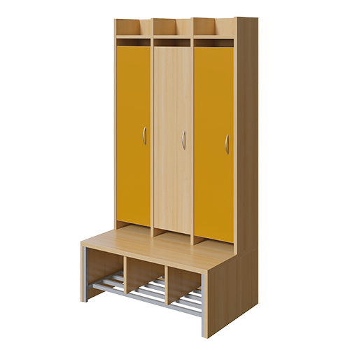 Spindgarderobe, hohe Tür B/H/T: 83x160x55 cm, 3 Plätze, Türen rechts, Bank aus feuerhemmendem Material, Schuhrost, 3fach-Haken