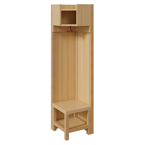 Garderoben-Innenecke, für einfache Ablage B/H/T: 39x130x39 cm, Sitzhöhe: 26 cm, Stützen über Eck mit Paneelrückwänden in Buche-hell, Schuhablage