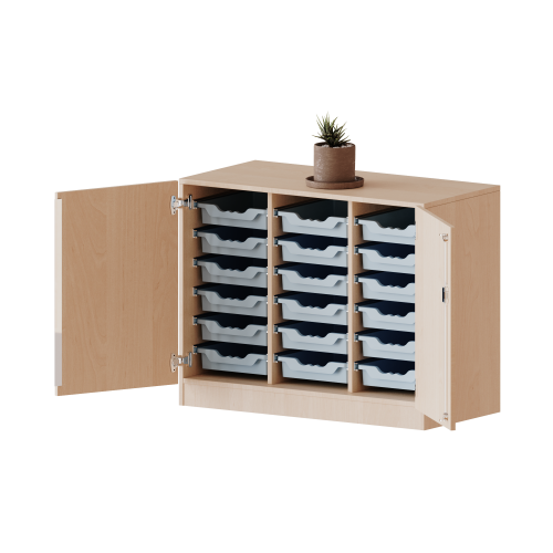 ErgoTray Schrank, dreireihig, 2 Ordnerhöhen - evo180 Serie B/H/T: 104,5x82x50 cm, zweitürig, fahrbar, mit 18 flachen ErgoTray Boxen