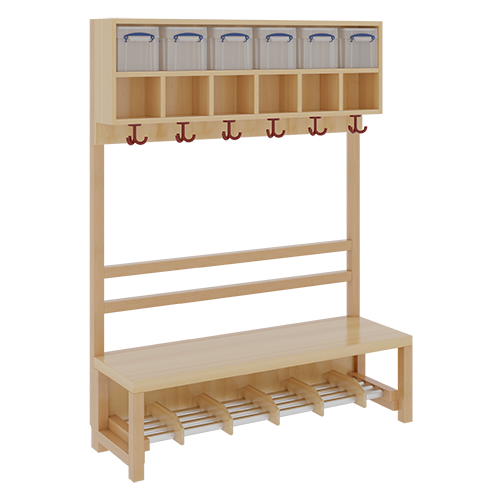 Komplettgarderobe mit doppelter Ablagereihe inklusive Boxen B/H/T: 120x158x39 cm, 6 Plätze, Sitzhöhe 42 cm, offene Stütze, Schuhrost aus Aluminiumrohren mit Trennungen