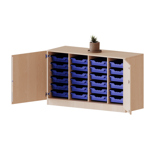ErgoTray Schrank, vierreihig, 2 Ordnerhöhen - evo180 Serie B/H/T: 138,7x82x50 cm, zweitürig, fahrbar, mit 24 flachen ErgoTray Boxen