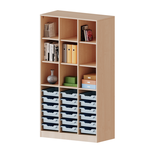 ErgoTray Regal, dreireihig, 5 Ordnerhöhen - evo180 Serie B/H/T: 104,5x190x40 cm, mit Sockel (81 mm) und Mittelwand, unten 18 flache ErgoTray Boxen, oben 6 Einlegeböden