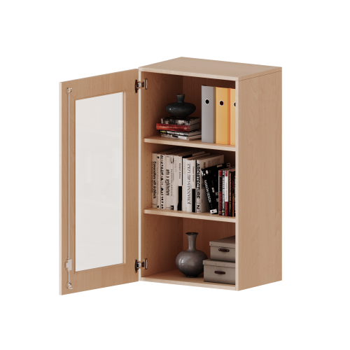 Aufsatzschrank, 3 Ordnerhöhen - Serie evo180 B/H/T: 60x108x60 cm, 1 Tür mit Glaseinsatz, abschließbar, Tür öffnet nach links