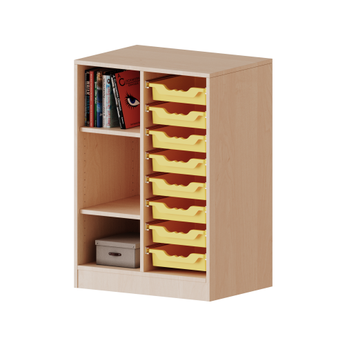 ErgoTray Regal, zweireihig, 2,5 Ordnerhöhen - evo180 Serie B/H/T: 70,3x100x50 cm, fahrbar, links 3 Fächer, rechts 8 flache ErgoTray Boxen