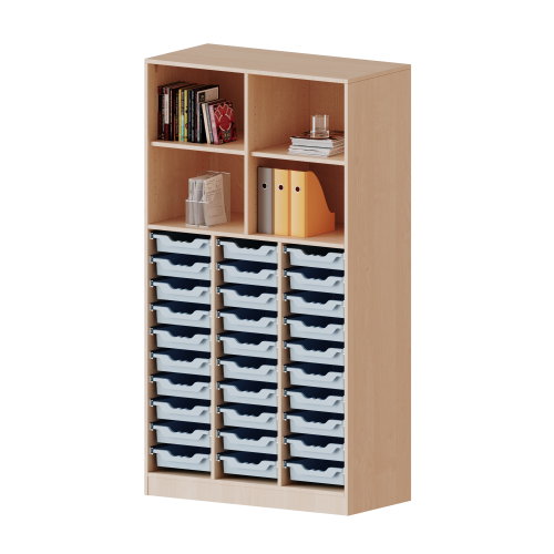 ErgoTray Regal, dreireihig, 5 Ordnerhöhen - evo180 Serie B/H/T: 104,5x190x40 cm, mit Sockel (81 mm), unten 30 flache ErgoTray Boxen, oben 2 Einlegeböden