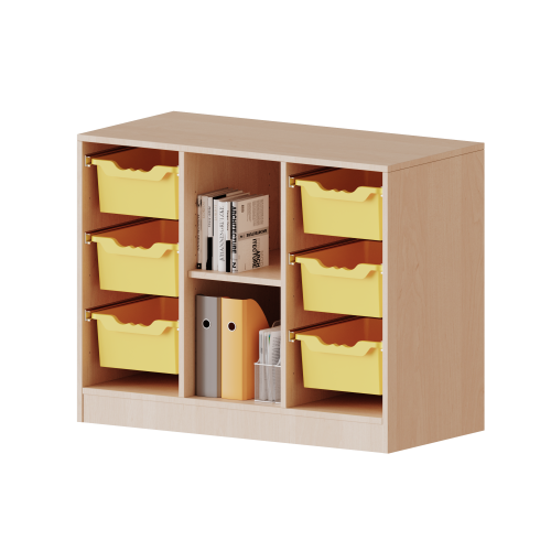 ErgoTray Regal, dreireihig, 2 Ordnerhöhen - evo180 Serie B/H/T: 104,5x82x40 cm, mit Sockel (81 mm), rechts und links je 3 hohe ErgoTray Boxen, 2 Fächer in der Mitte