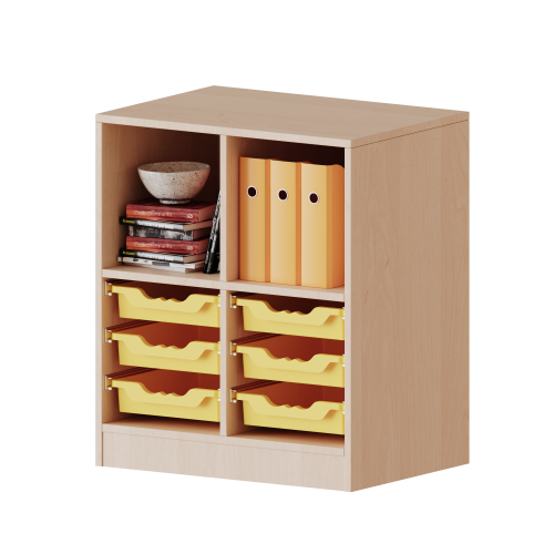 ErgoTray Regal, zweireihig, 2 Ordnerhöhen - evo180 Serie B/H/T: 70,3x82x50 cm, fahrbar, oben 2 Fächer, unten 6 flache ErgoTray Boxen
