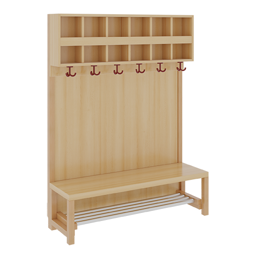 Komplettgarderobe mit doppelter Ablagereihe B/H/T: 120x158x39 cm, 6 Plätze, Sitzhöhe: 34 cm, Stütze mit Paneelrückwand in Buche-hell, mit Schuhrost aus Aluminiumrohren