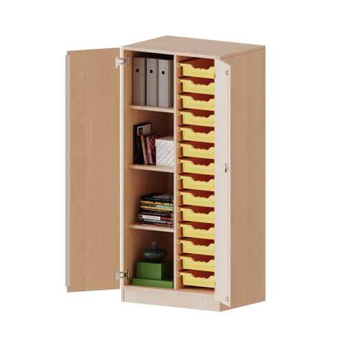 ErgoTray Schrank, zweireihig, 4 Ordnerhöhen - evo180 Serie B/H/T: 70,3x154x50 cm, zweitürig, mit Sockel (81 mm), mit 14 flachen ErgoTray Boxen