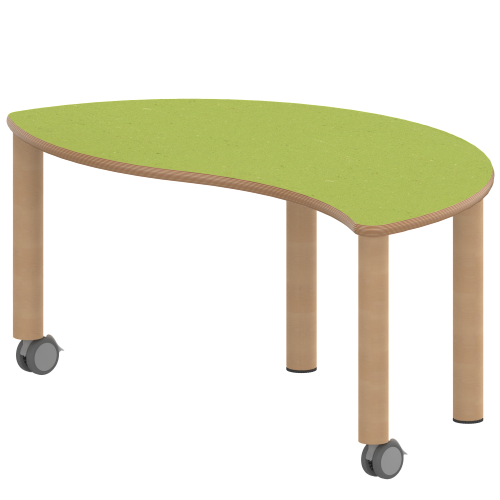 Tisch ZALOTTI mit Linoleum-Belag Halbrund-Wellentisch, B/H/T: 120x41x60 cm, Massivholzbeine Ø 60 mm, Fußvariante: fahrbar