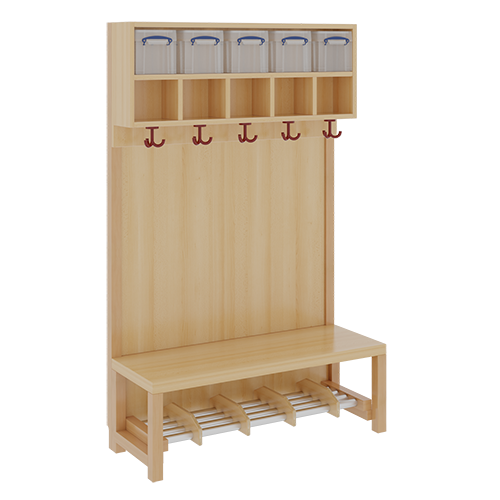 Komplettgarderobe mit doppelter Ablagereihe inklusive Boxen B/H/T: 100x158x39 cm, 5 Plätze, Sitzhöhe 34 cm, Stütze mit Paneelrückwand, Schuhrost aus Aluminiumrohren mit Trennungen