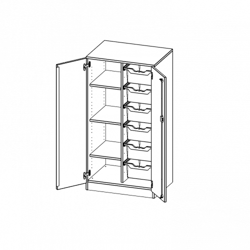 ErgoTray Schrank, zweireihig, 3,5 Ordnerhöhen - evo180 Serie B/H/T: 70,3x136x50 cm, zweitürig, mit Sockel (81 mm), mit 6 hohen ErgoTray Boxen
