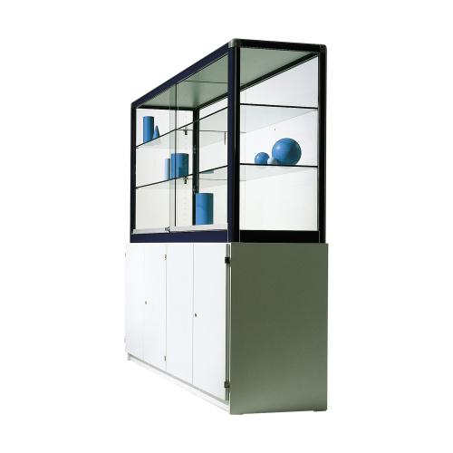 Glasvitrine V7 mit Unterschrank, Vitrine aus Sicherheitsglas H/T: 180x50 cm, Breite, Korpusdekor, Rückwandmaterial und Rahmenfarbe wählbar